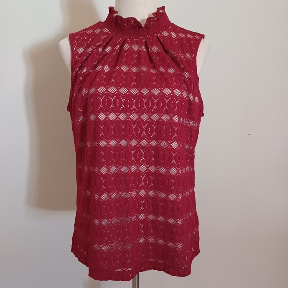 SOLD E - PerSeption Concept Red Lace Overlay Sleeveless Top Size Large - Picture 2 of 9